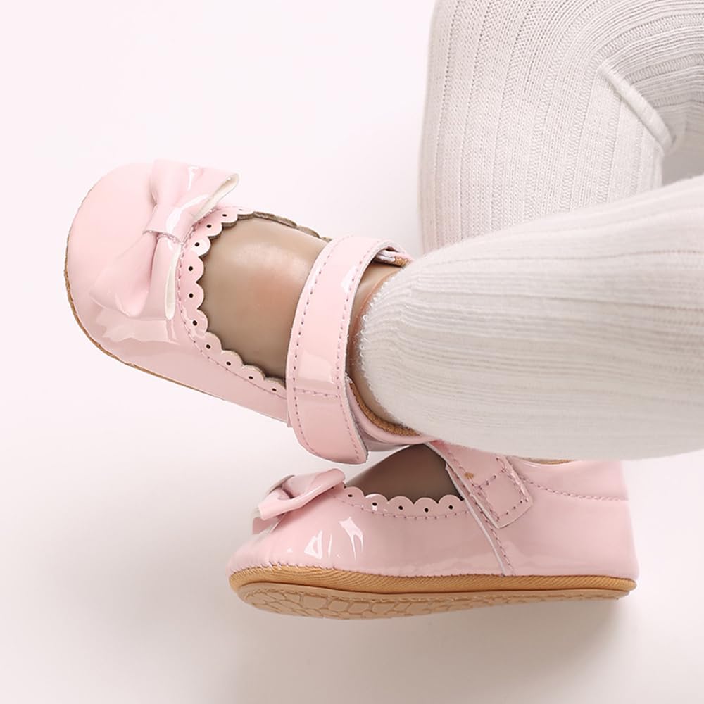 Clowora Infant Toddler Baby Girl Dress Shoes Mary Jane First Walking PU Leather Princess Wedding Rubber Sole Non-Slip with Bowknot Floral Flats (05 Pink, Infant, 6 Months, Age Range, US Footwear Size System, 12 Months, Medium)