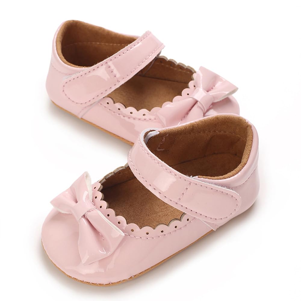 Clowora Infant Toddler Baby Girl Dress Shoes Mary Jane First Walking PU Leather Princess Wedding Rubber Sole Non-Slip with Bowknot Floral Flats (05 Pink, Infant, 6 Months, Age Range, US Footwear Size System, 12 Months, Medium)