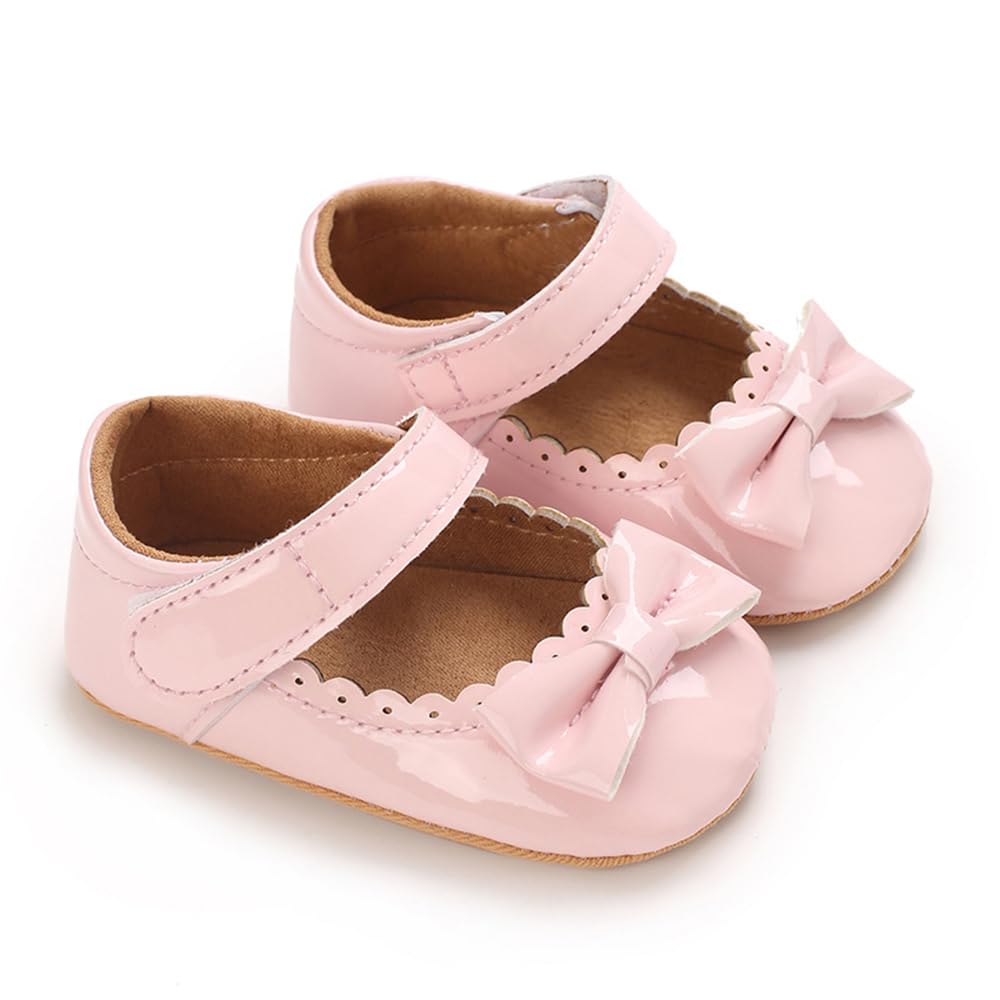 Clowora Infant Toddler Baby Girl Dress Shoes Mary Jane First Walking PU Leather Princess Wedding Rubber Sole Non-Slip with Bowknot Floral Flats (05 Pink, Infant, 6 Months, Age Range, US Footwear Size System, 12 Months, Medium)
