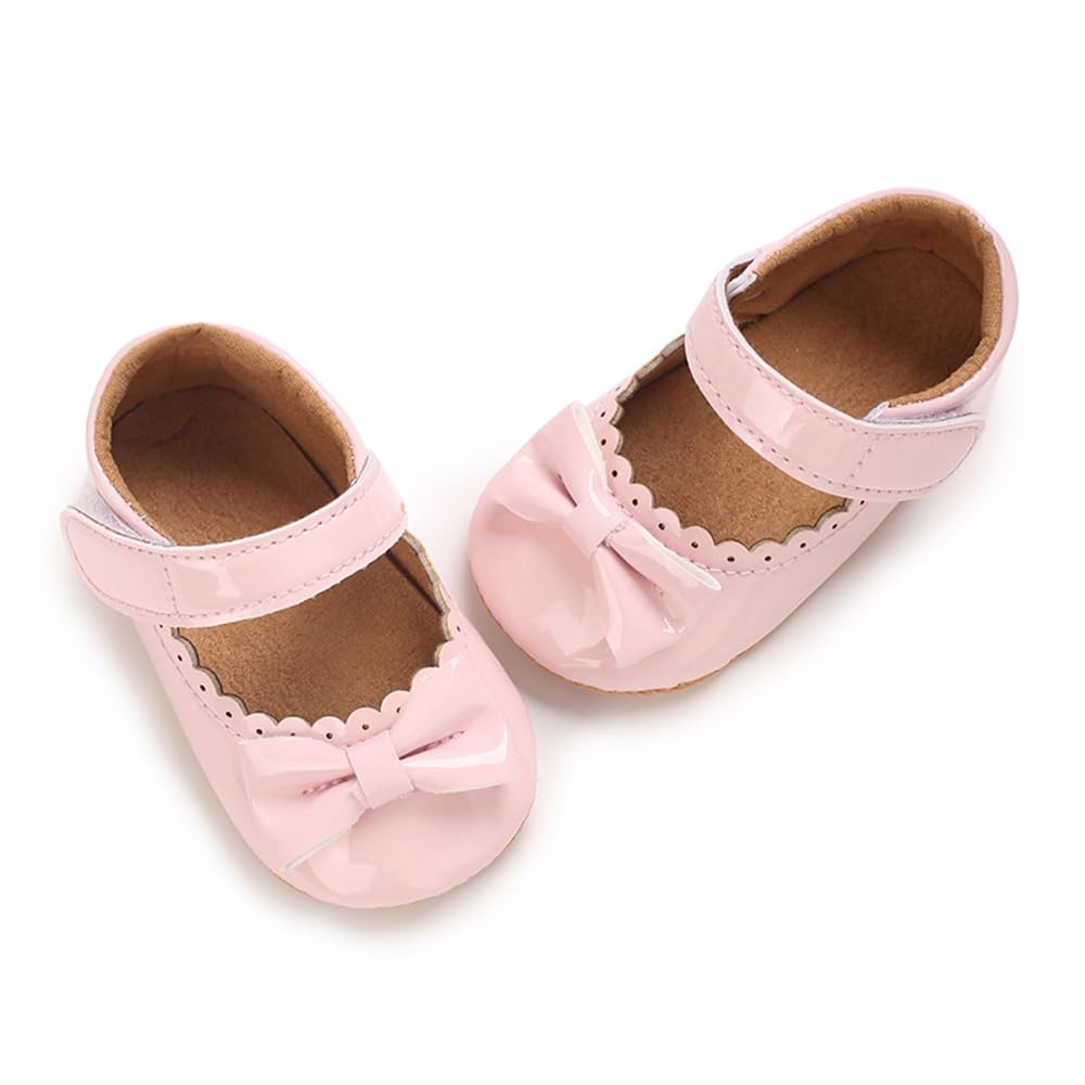 Clowora Infant Toddler Baby Girl Dress Shoes Mary Jane First Walking PU Leather Princess Wedding Rubber Sole Non-Slip with Bowknot Floral Flats (05 Pink, Infant, 6 Months, Age Range, US Footwear Size System, 12 Months, Medium)