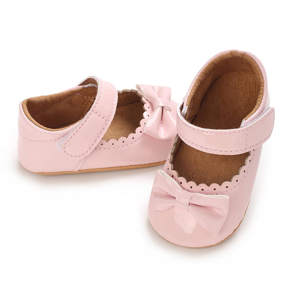 Clowora Infant Toddler Baby Girl Dress Shoes Mary Jane First Walking PU Leather Princess Wedding Rubber Sole Non-Slip with Bowknot Floral Flats (05 Pink, Infant, 6 Months, Age Range, US Footwear Size System, 12 Months, Medium)