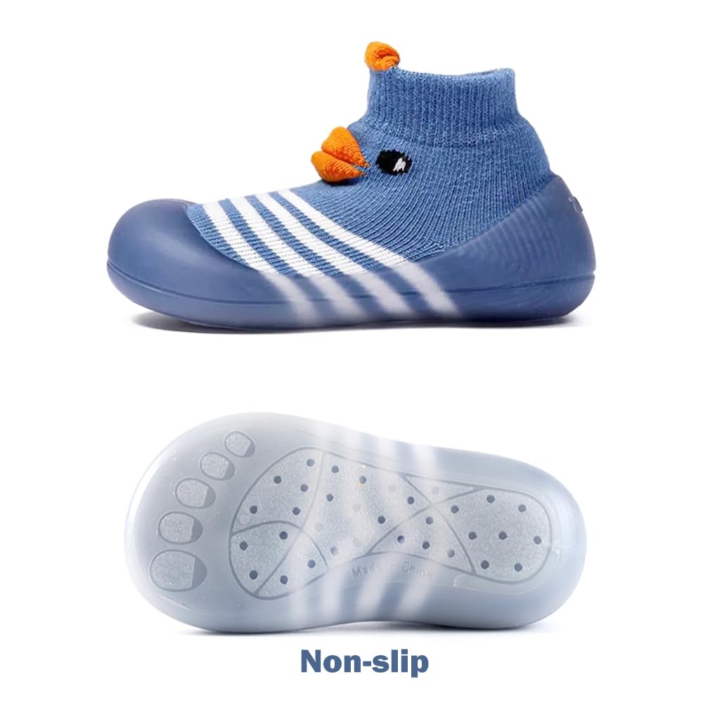 FABRST 2 Pairs Baby Sock Shoes Boys Girls Non Slip Soft Rubber Sole Sneakers Toddler Infant Slip On Slippers First Walking Shoes（Grey Blue A, 18-24Months）