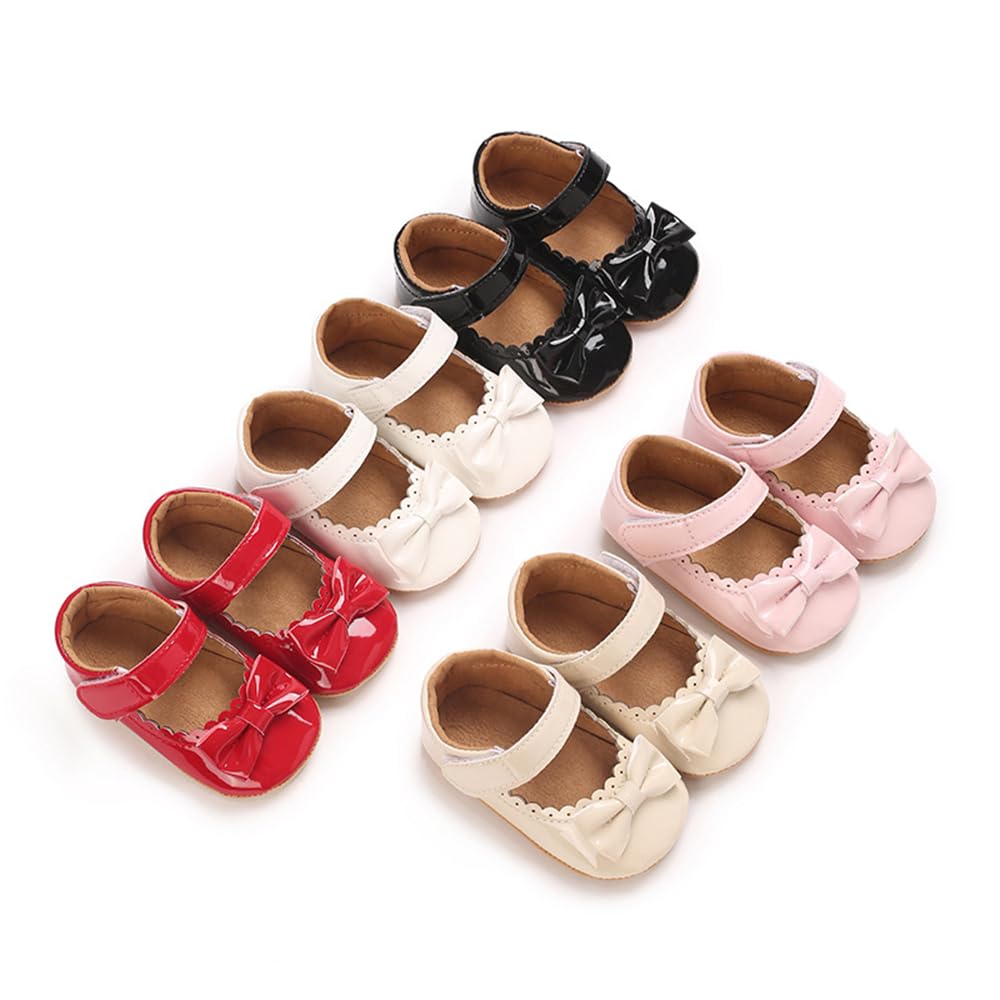 Clowora Infant Toddler Baby Girl Dress Shoes Mary Jane First Walking PU Leather Princess Wedding Rubber Sole Non-Slip with Bowknot Floral Flats (05 Pink, Infant, 6 Months, Age Range, US Footwear Size System, 12 Months, Medium)