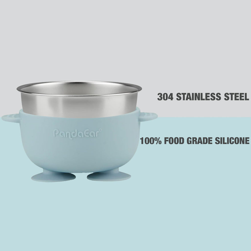 PandaEar 6-in-1 Stainless Steel Baby Feeding Set | Divided Suction Plate, Bowl, Sippy Cup with Straw, Bib, Spoon & Fork | BPA-Free Toddler Feeding Essentials for Self-Feeding (Blue)