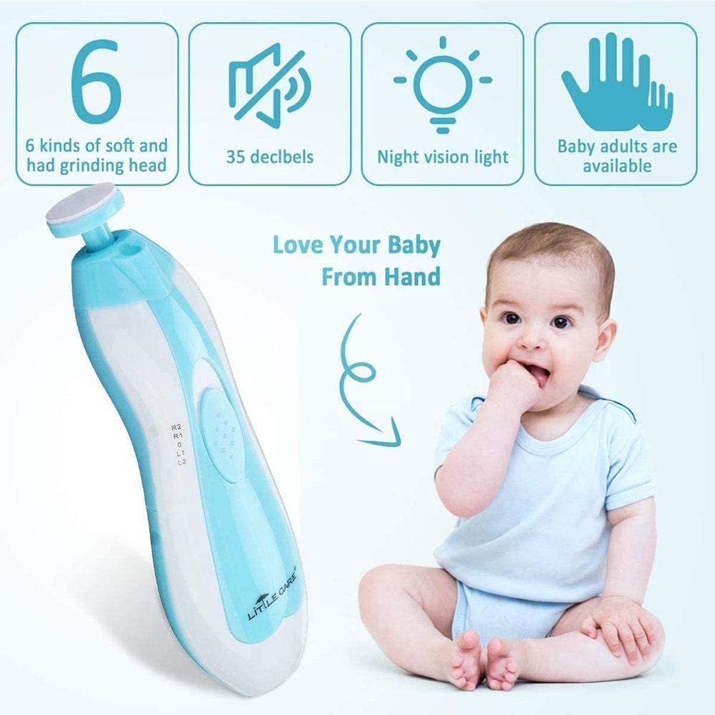Qunlions life Electric Nail File Drill for Baby No Sharp Claws Hurt, 6 in 1 Safety Cutter Trimmer Clipper for Toes and Fingers (Blue)