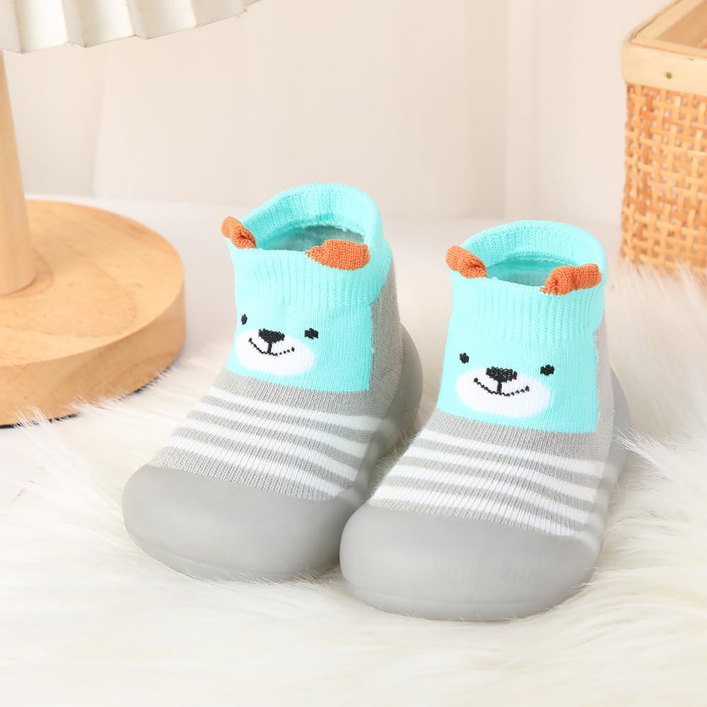 FABRST 2 Pairs Baby Sock Shoes Boys Girls Non Slip Soft Rubber Sole Sneakers Toddler Infant Slip On Slippers First Walking Shoes（Grey Blue A, 18-24Months）