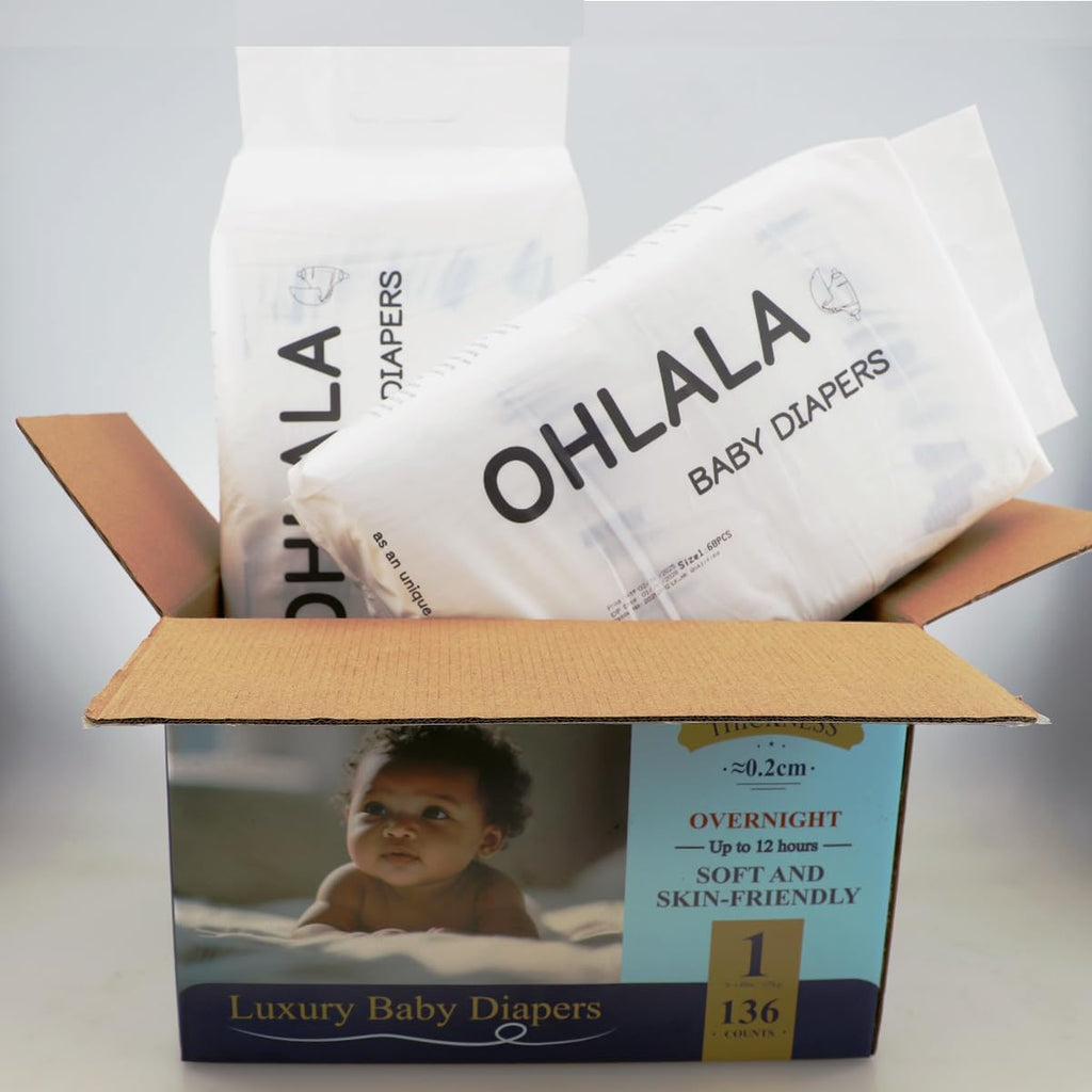 OHLALA Luxury Diapers Size 1 136 Count 8-14 lbs Hypoallergenic Skin-Friendly & Leakproof Fragrance-Free Ultra-Thin 2 Pack