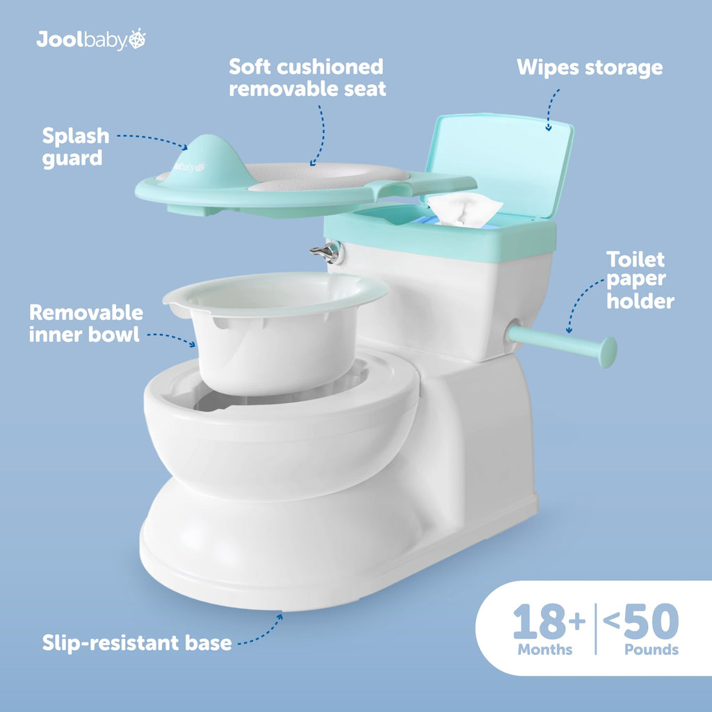 Jool Baby Real Feel 2-in-1 Potty with Wipes Storage, Flushing Sounds & Disposable Liners - Realistic Toilet - Easy to Clean & Assemble (Aqua)