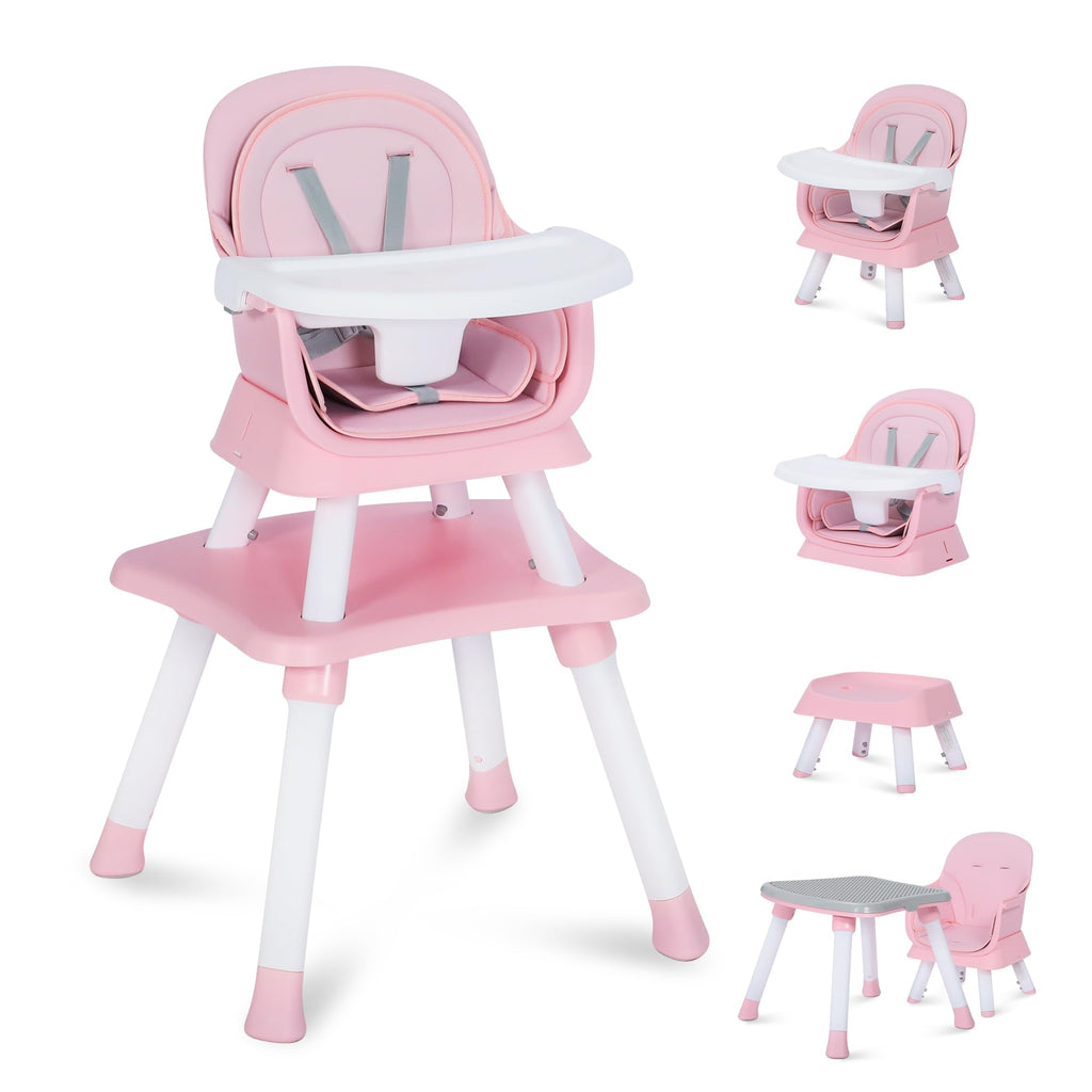 TODECARE 8 in 1 Baby High Chair, Convertible Feeding Chair, Pink