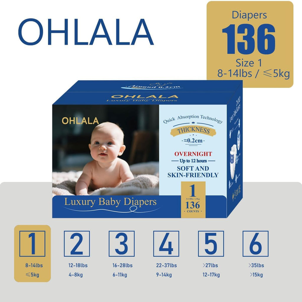 OHLALA Luxury Diapers Size 1 136 Count 8-14 lbs Hypoallergenic Skin-Friendly & Leakproof Fragrance-Free Ultra-Thin 2 Pack
