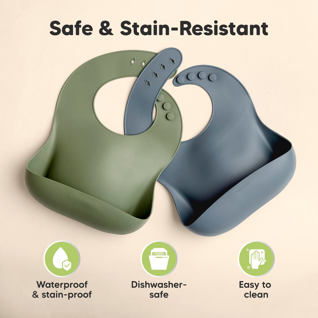 KeaBabies 2-Pack Silicone Bibs for Babies, Toddlers Girl, Boy (Slate)