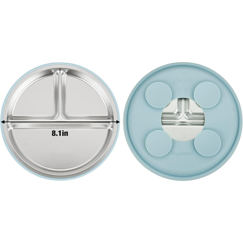 PandaEar 6-in-1 Stainless Steel Baby Feeding Set | Divided Suction Plate, Bowl, Sippy Cup with Straw, Bib, Spoon & Fork | BPA-Free Toddler Feeding Essentials for Self-Feeding (Blue)