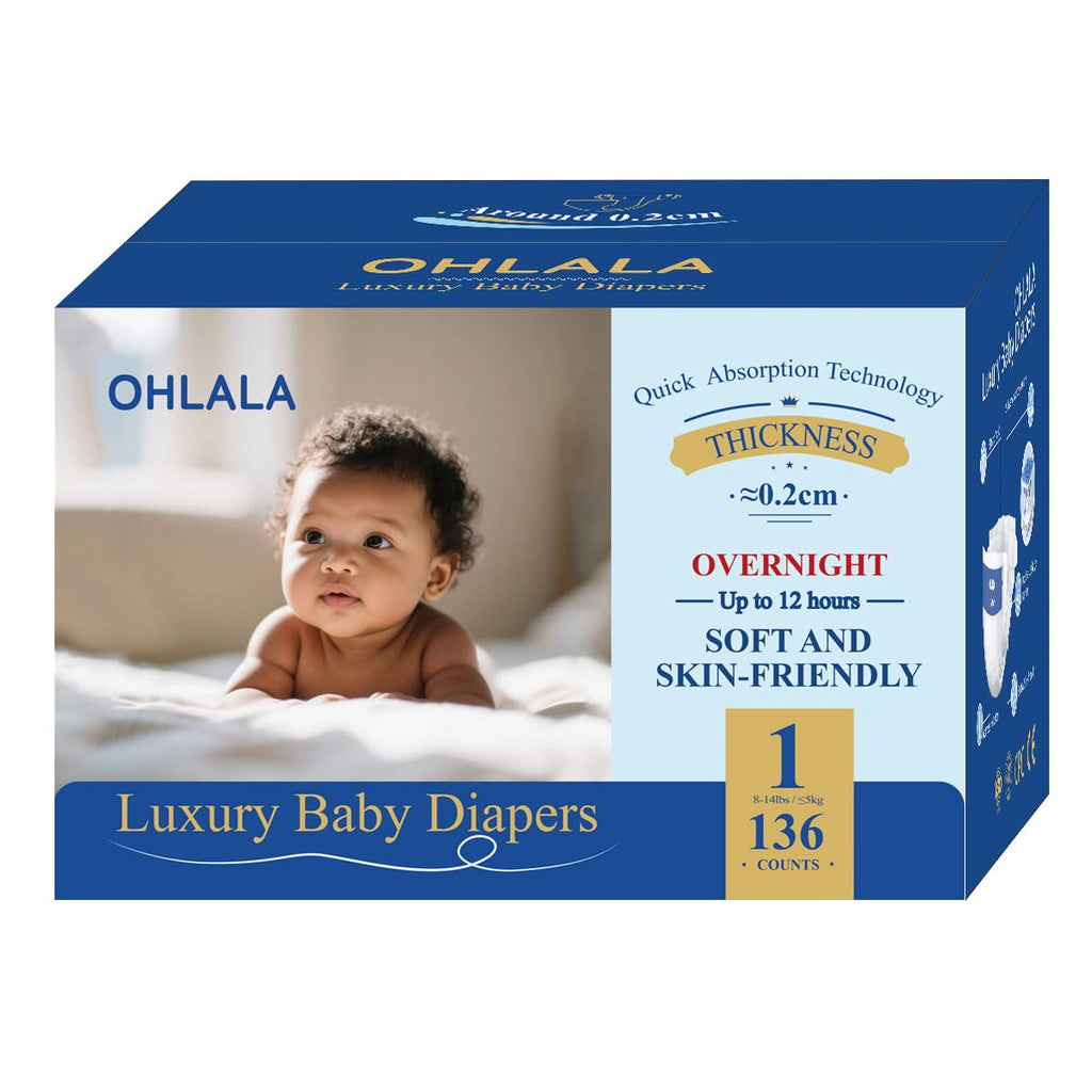 OHLALA Luxury Diapers Size 1 136 Count 8-14 lbs Hypoallergenic Skin-Friendly & Leakproof Fragrance-Free Ultra-Thin 2 Pack