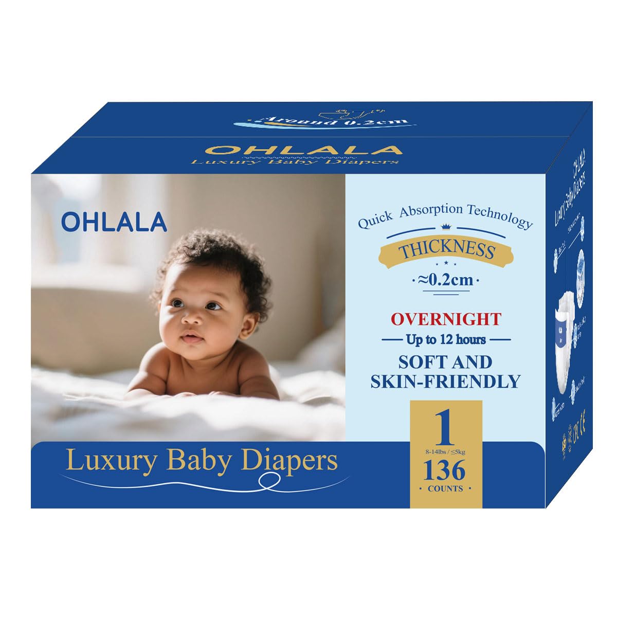 OHLALA Luxury Diapers Size 1 136 Count 8-14 lbs Hypoallergenic Skin-Friendly & Leakproof Fragrance-Free Ultra-Thin 2 Pack