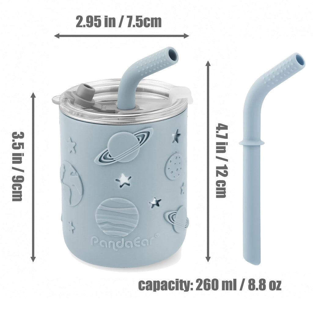 PandaEar 6-in-1 Stainless Steel Baby Feeding Set | Divided Suction Plate, Bowl, Sippy Cup with Straw, Bib, Spoon & Fork | BPA-Free Toddler Feeding Essentials for Self-Feeding (Blue)