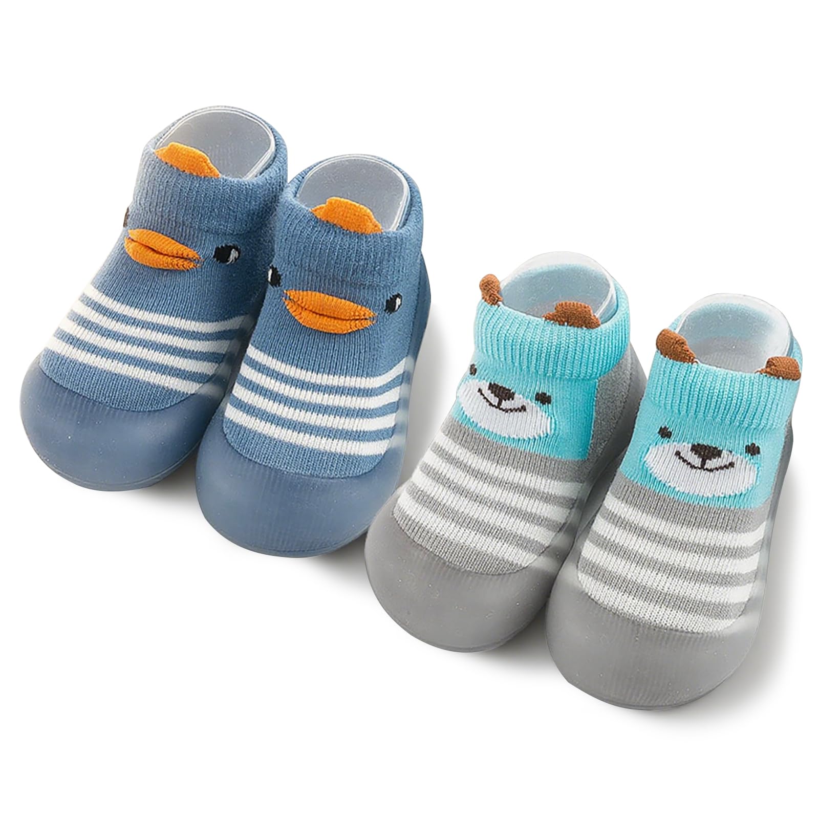 FABRST 2 Pairs Baby Sock Shoes Boys Girls Non Slip Soft Rubber Sole Sneakers Toddler Infant Slip On Slippers First Walking Shoes（Grey Blue A, 18-24Months）