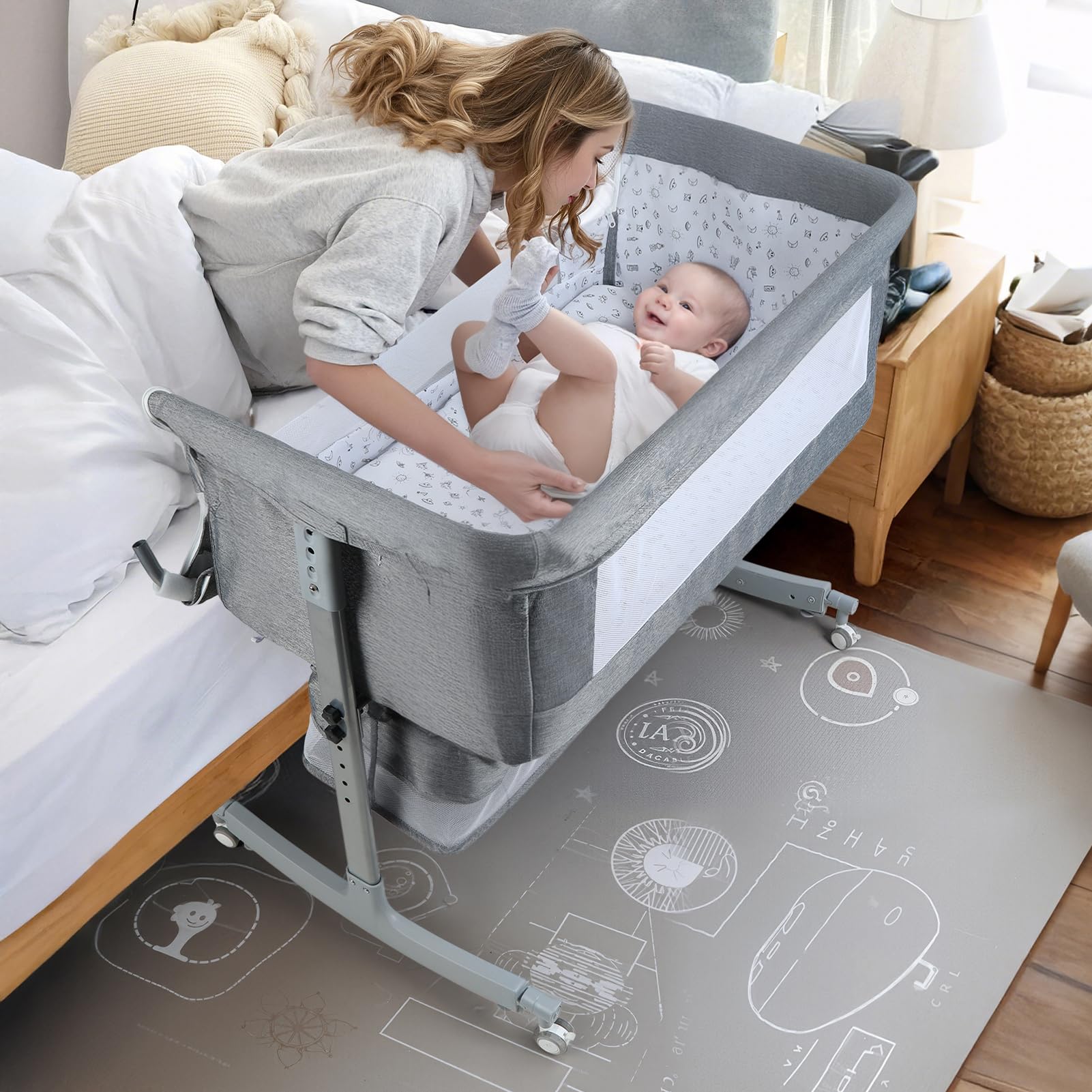 3 in 1 Baby Bassinet Bedside Sleeper, Adjustable Portable Crib with Wheels