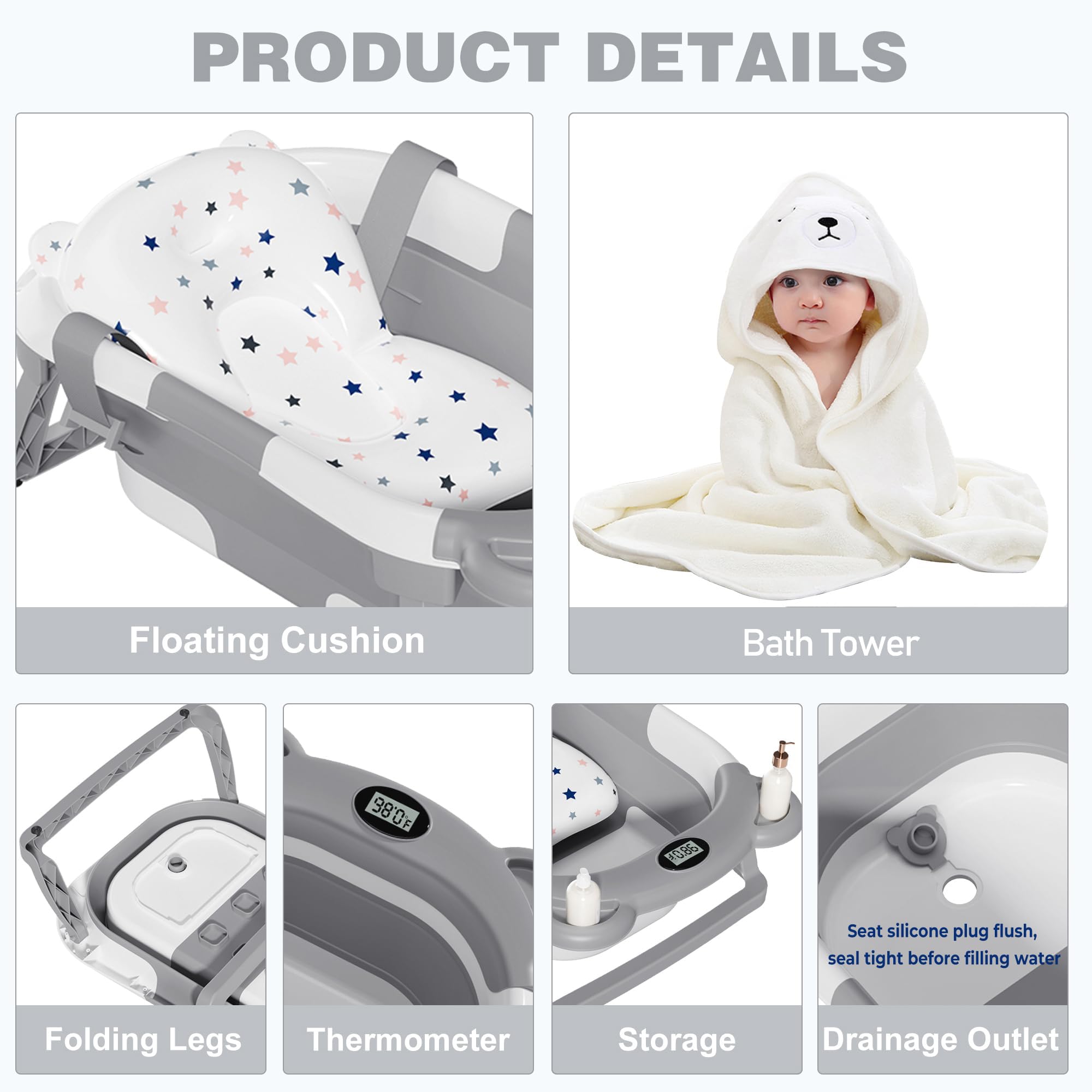 MoreFeel Collapsible Baby Bathtub for Newborn with Thermometer & 1 Hooded Towel & 1 Soft Floating Cushion,Portable Travel Bathtub with Drain Hole, Durable Foldable Baby Tubs for Infants to Toddler