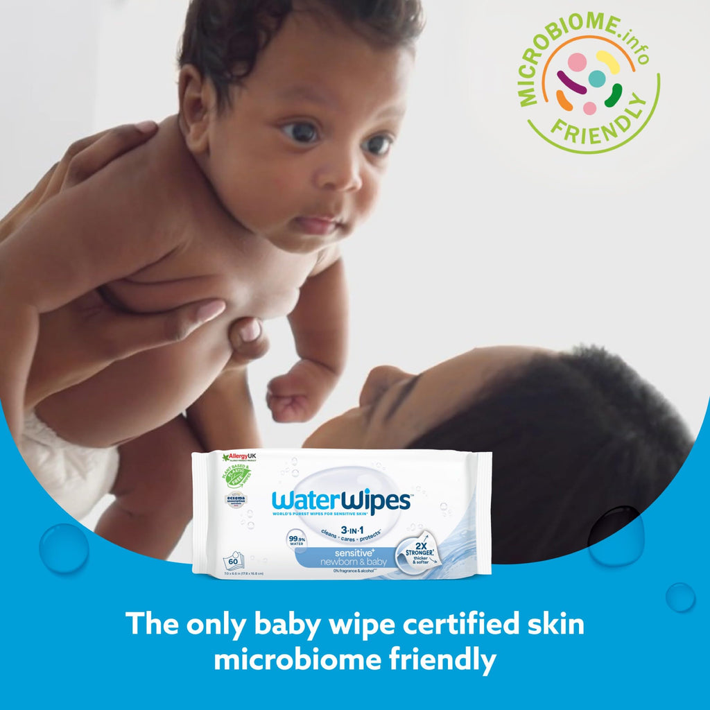 WaterWipes Sensitive+ Newborn & Baby Wipes, 3-In-1 Cleans, Cares, Protects, 99.9% Water, Unscented & Hypoallergenic, 720 Count (12 Packs)