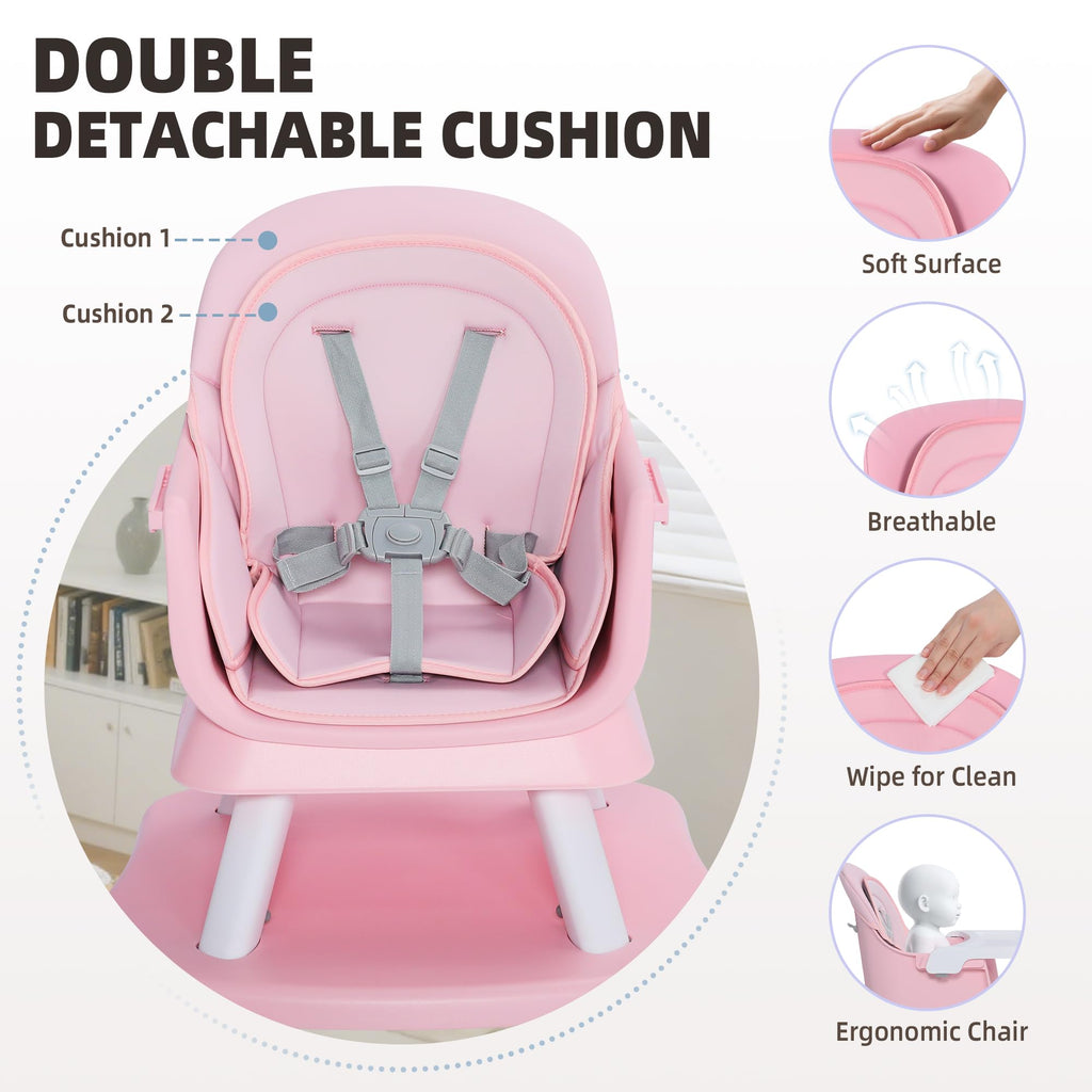 TODECARE 8 in 1 Baby High Chair, Convertible Feeding Chair, Pink
