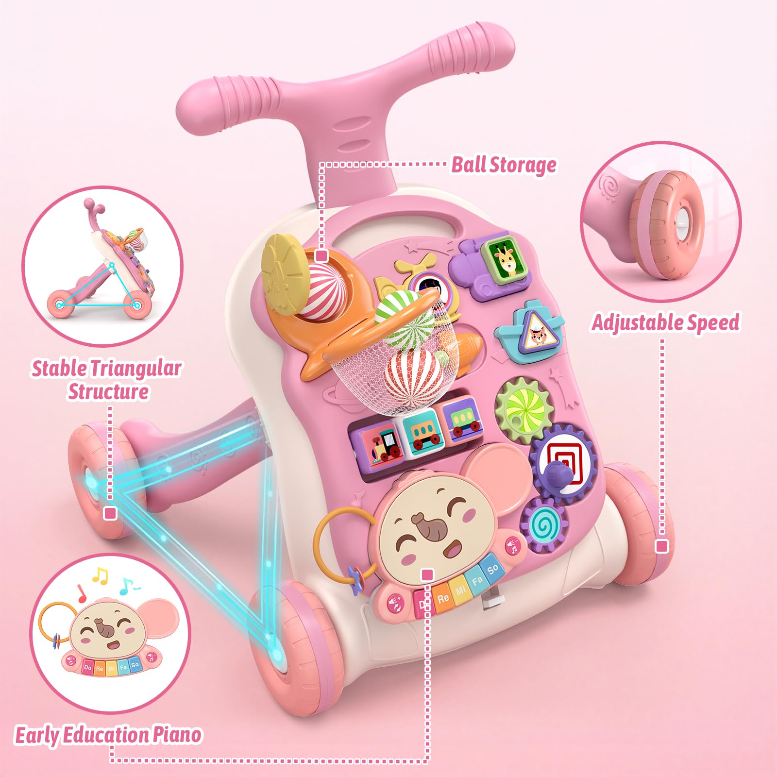 QDRAGON 3 in 1 Baby Walker and Activity Center for Girl 12-18 Months, Pink