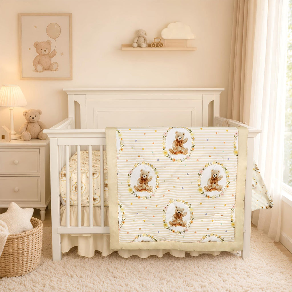 Hooyax Baby Bear Crib Bedding Set for Boys–4Pcs Soft Baby Bedding Set, Includes Crib Skirt, Fitted Sheet, Comforter & Diaper Stacker
