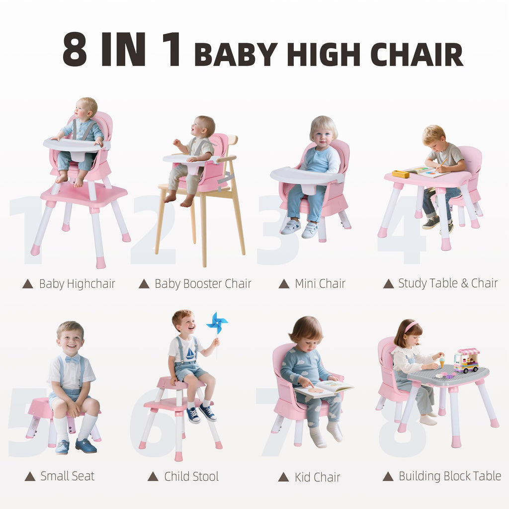 TODECARE 8 in 1 Baby High Chair, Convertible Feeding Chair, Pink