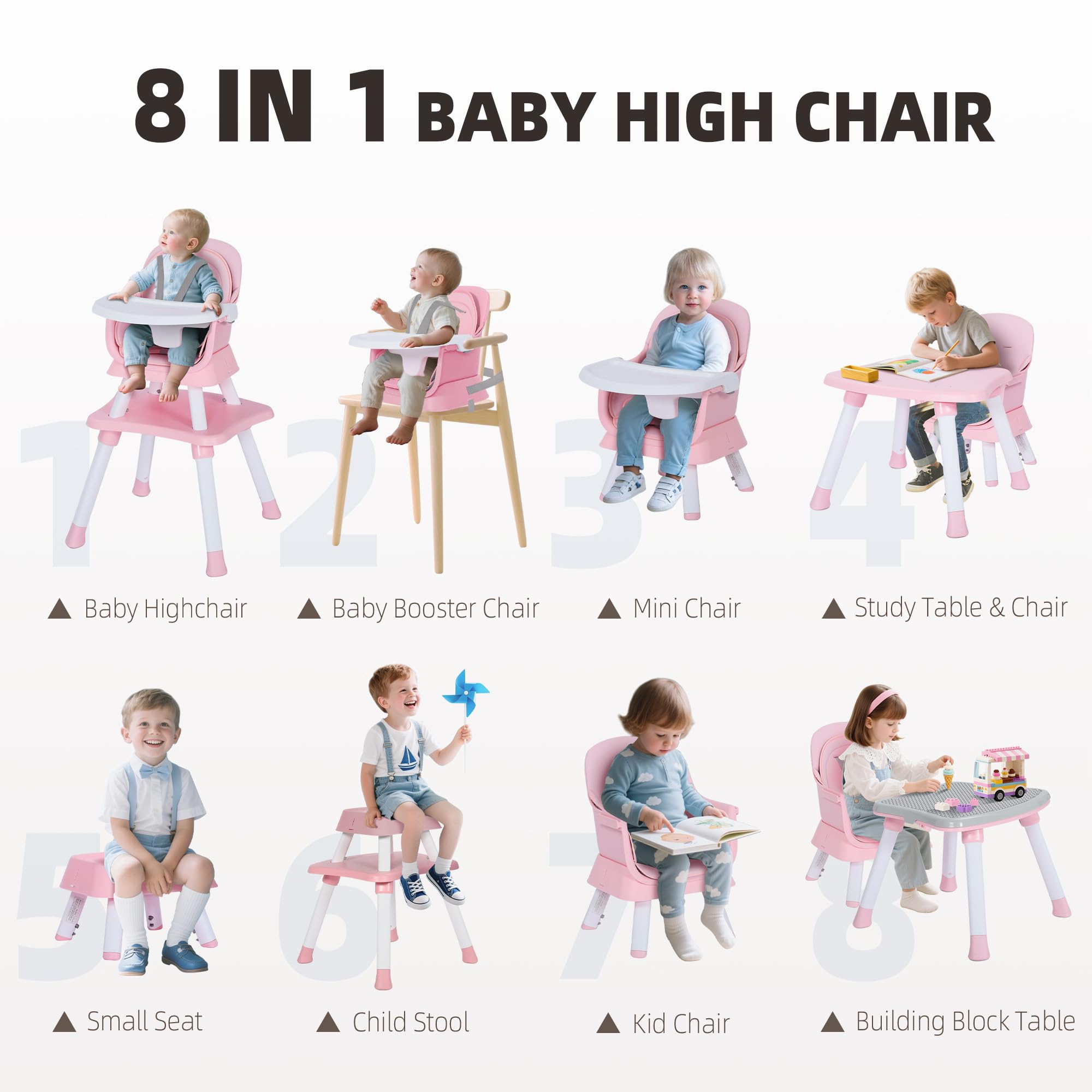 TODECARE 8 in 1 Baby High Chair, Convertible Feeding Chair, Pink