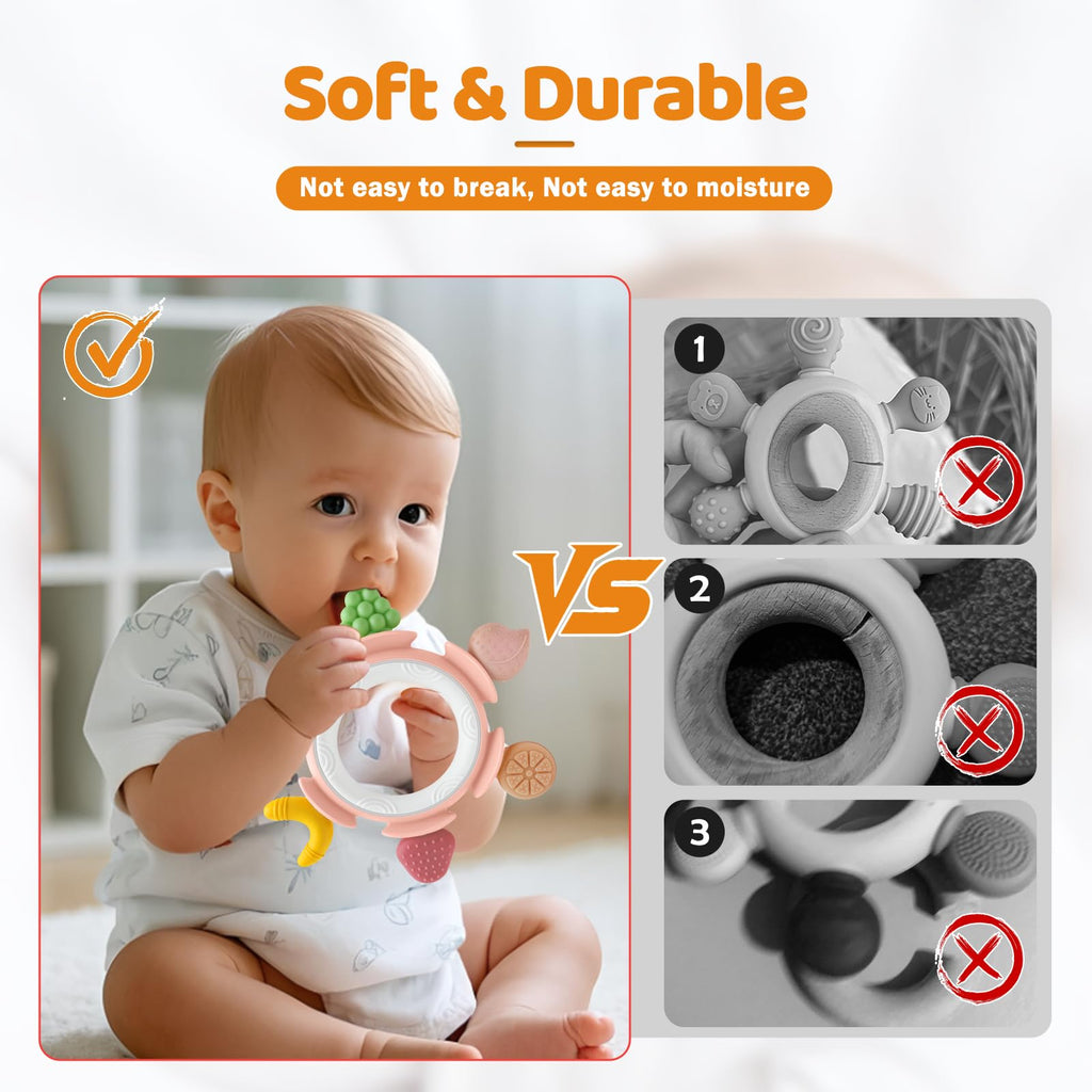 Baby Teething Toys for Babies 3-12 Months, Silicone Teething Rings for Babies, Infant Teether for Sore Gum Relief, Sensory Chew Toy Baby Teether, Baby Essentials Gift for Newborn Boys Girls, Pink