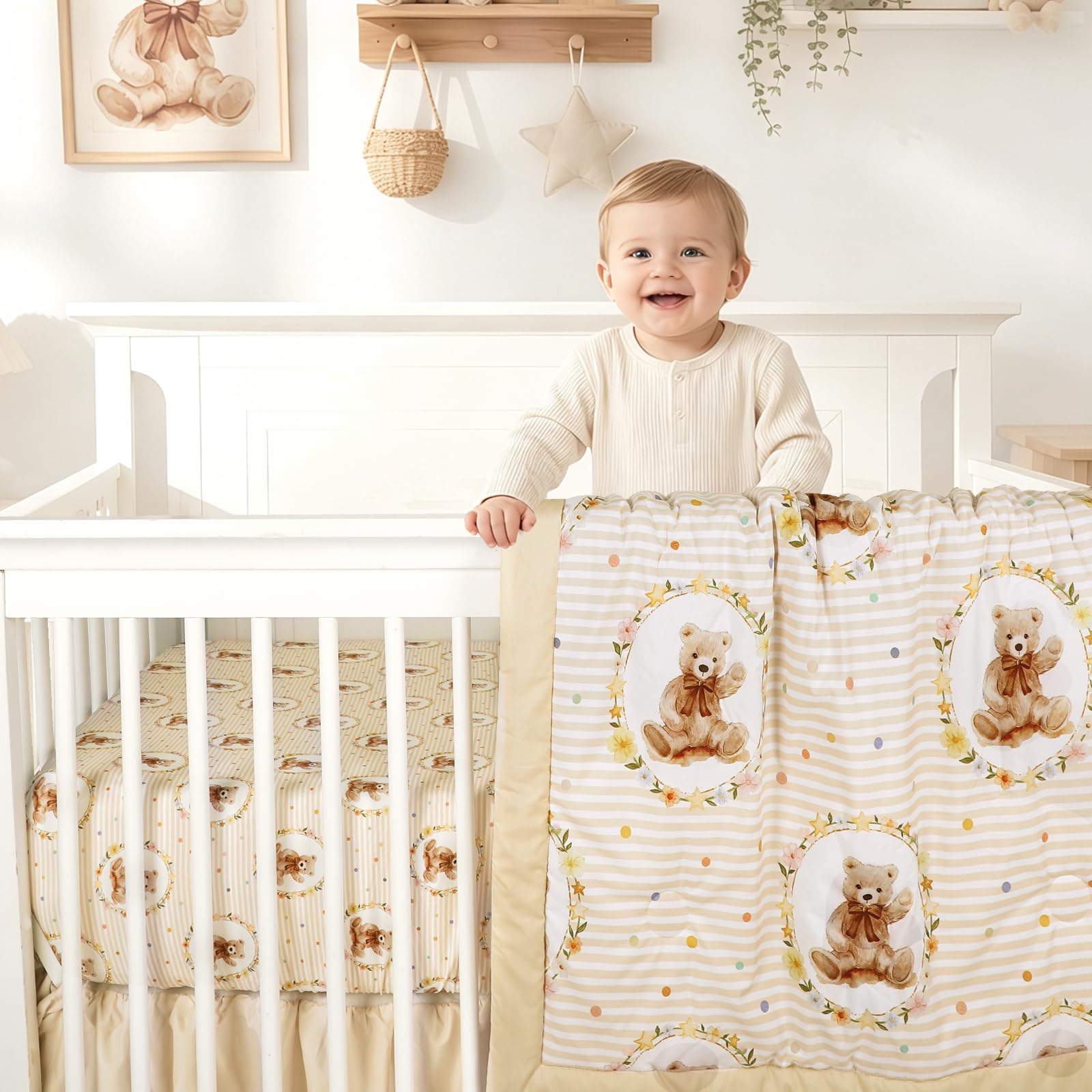 Hooyax Baby Bear Crib Bedding Set for Boys–4Pcs Soft Baby Bedding Set, Includes Crib Skirt, Fitted Sheet, Comforter & Diaper Stacker