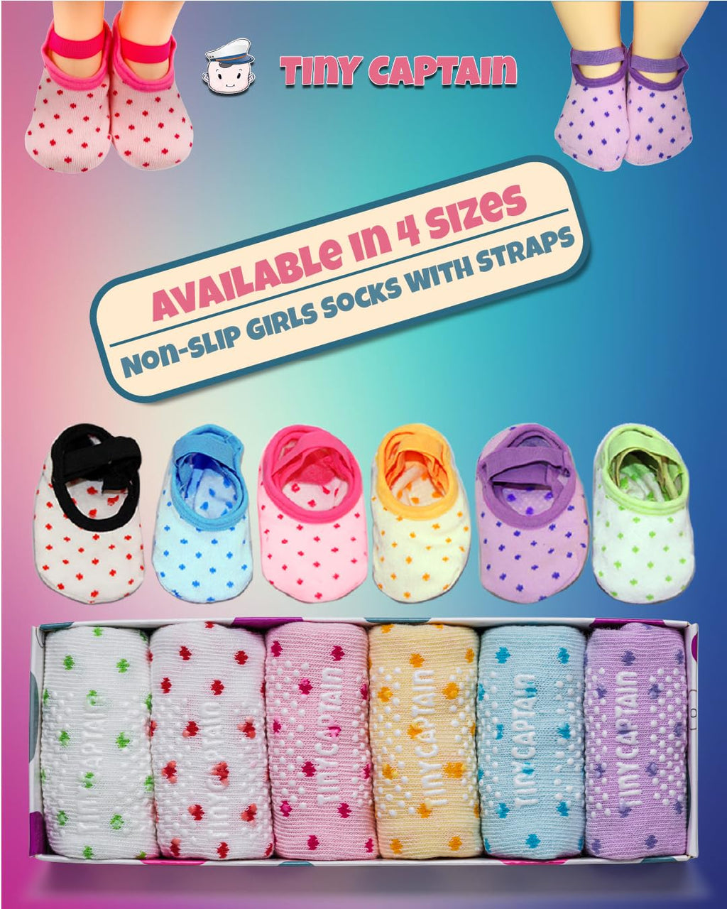 Tiny Captain Baby Toddler Girls Grip Socks 1-3 Year Old Anti Slip w/Strap Socks 1 Year old Girl Gift(as1, age, 1_year, 3_years, Rainbow - 6 Pairs)
