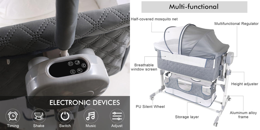 Suttonbebe Electric Bluetooth Smart Baby Bedside Crib, Foldable Infant Bedside Cot, Convertible Baby Bassinet Crib with Remote Control, Music, 5 Swaying Gears (608 Gray)