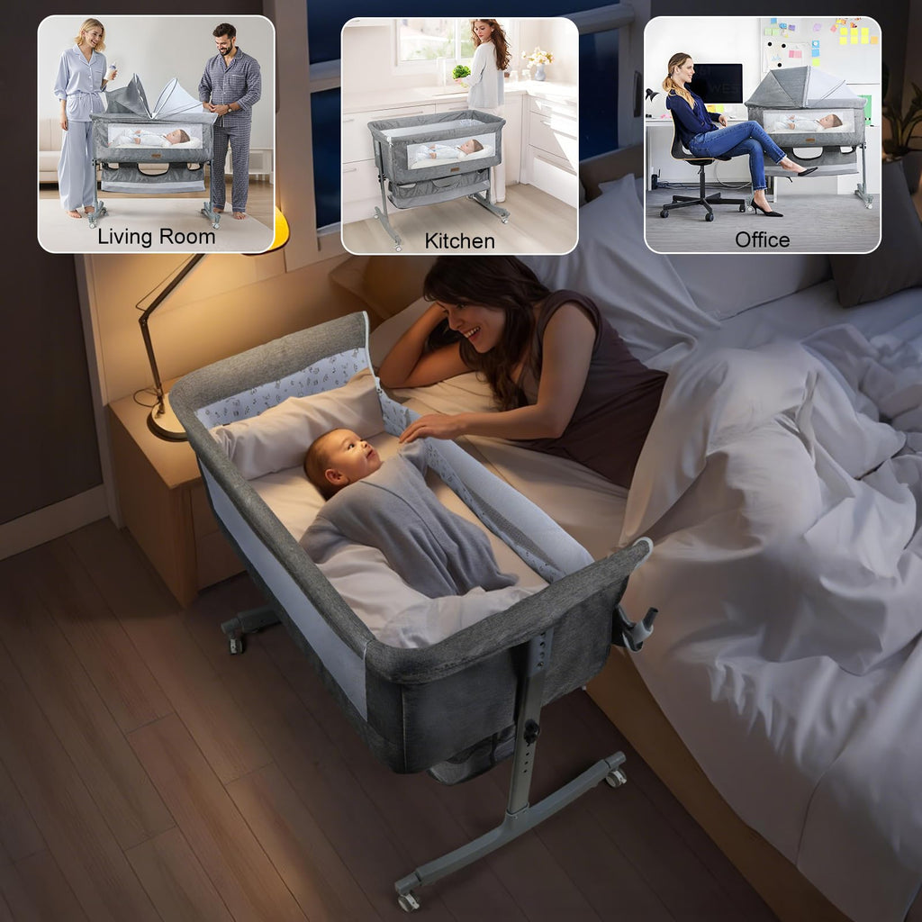 3 in 1 Baby Bassinet Bedside Sleeper, Adjustable Portable Crib with Wheels