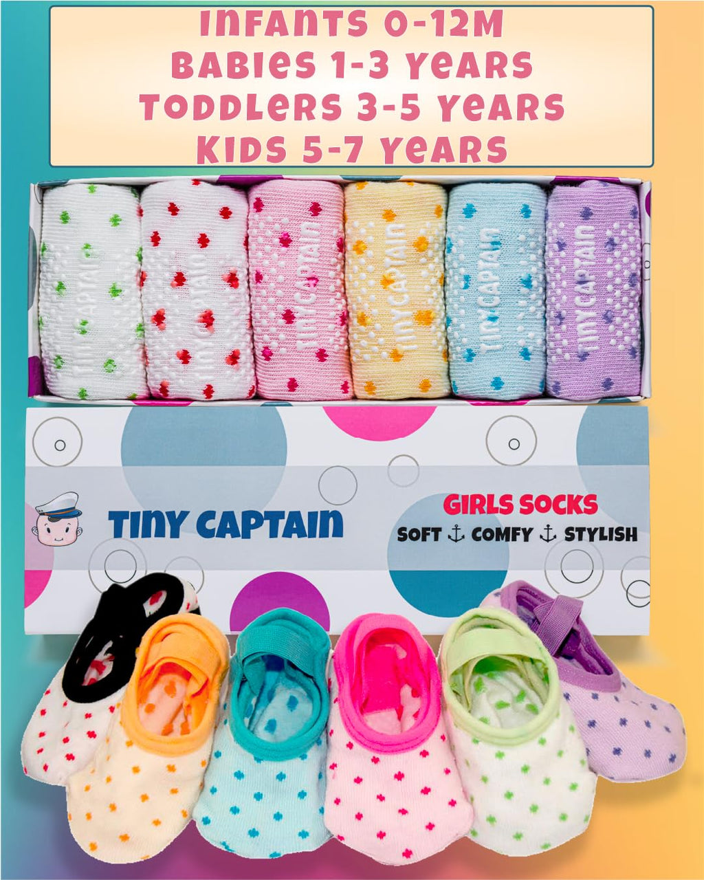 Tiny Captain Baby Toddler Girls Grip Socks 1-3 Year Old Anti Slip w/Strap Socks 1 Year old Girl Gift(as1, age, 1_year, 3_years, Rainbow - 6 Pairs)