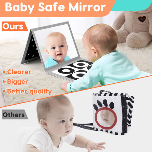 Black and White High Contrast Baby Books Flash Cards Tummy Time Mirror Toys Newborn Toys 0 6 Months Brain Development Infant Stimulating Sensory Toy 0-3 3-6 2 4 5 Month Old Essential