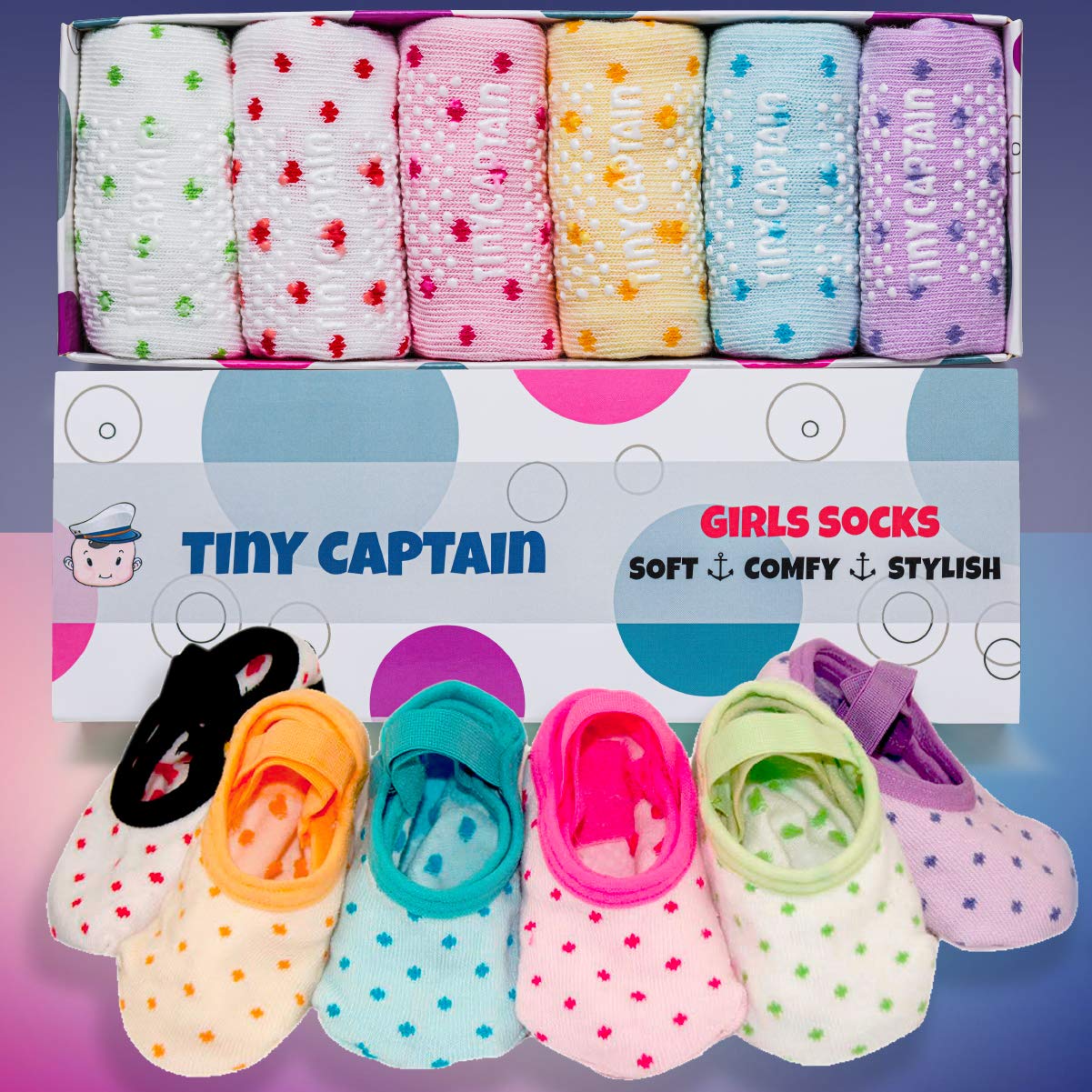 Tiny Captain Baby Toddler Girls Grip Socks 1-3 Year Old Anti Slip w/Strap Socks 1 Year old Girl Gift(as1, age, 1_year, 3_years, Rainbow - 6 Pairs)