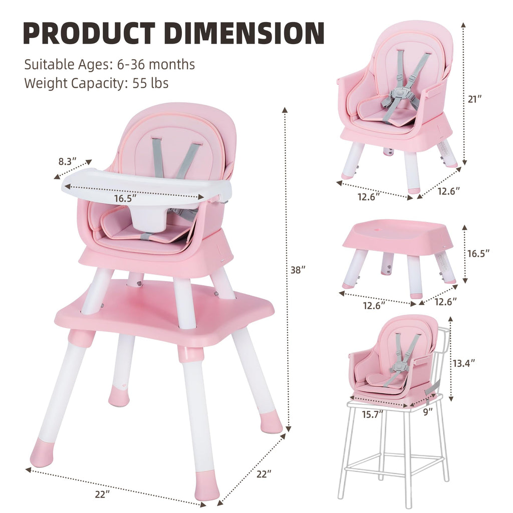 TODECARE 8 in 1 Baby High Chair, Convertible Feeding Chair, Pink