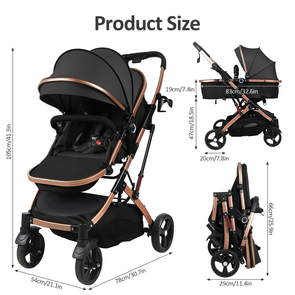 Baby Stroller, 2 in 1 Convertible Bassinet Mode Newborn to Toddler | Reversible Seat UPF Canopy, Shock Absorption Infant Stroller with Five-Point Harness, for Daily Strolls Travel Shopping (Black)