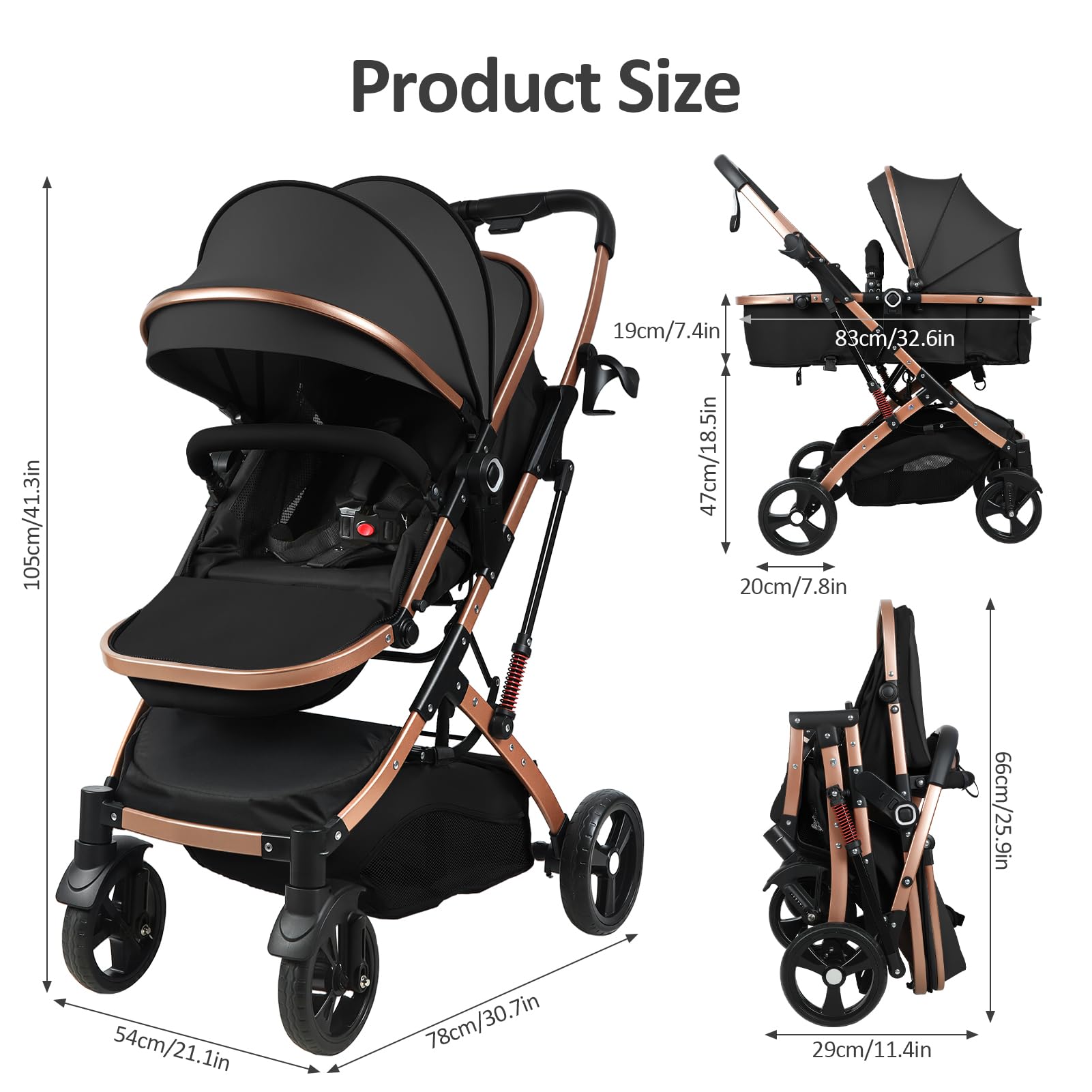 Baby Stroller, 2 in 1 Convertible Bassinet Mode Newborn to Toddler | Reversible Seat UPF Canopy, Shock Absorption Infant Stroller with Five-Point Harness, for Daily Strolls Travel Shopping (Black)