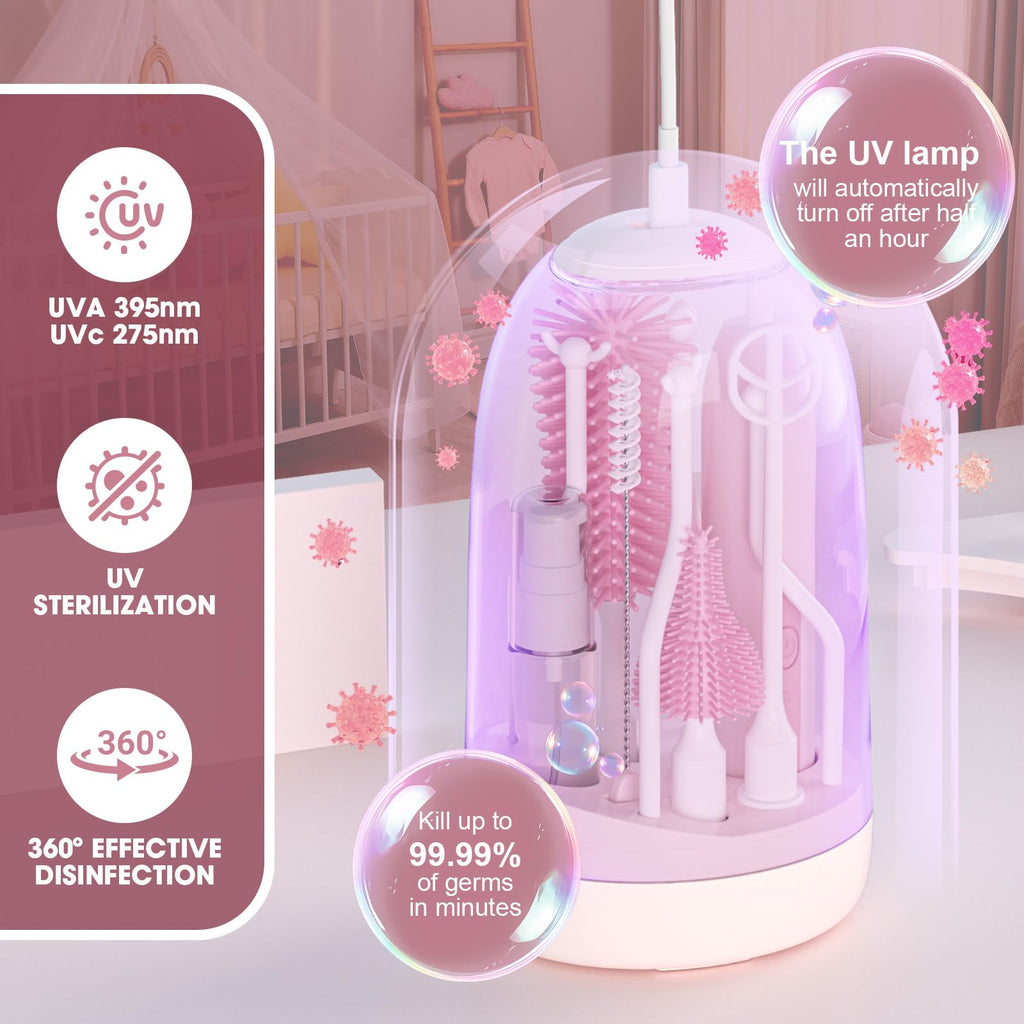 Electric Bottle Brush Cleaner,Electric Baby Bottle Brush Cleaner with Silicone Nipple&Straw Brush,Soap Dispenser,Drying Rack-Waterproof,Long Battery Life,Travel Bottle Cleaner Kit for Babies