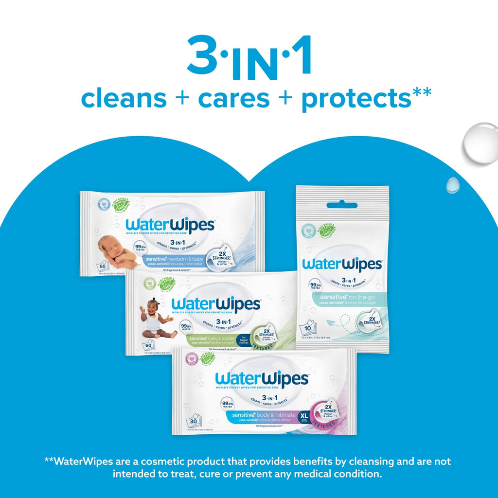 WaterWipes Sensitive+ Newborn & Baby Wipes, 3-In-1 Cleans, Cares, Protects, 99.9% Water, Unscented & Hypoallergenic, 720 Count (12 Packs)