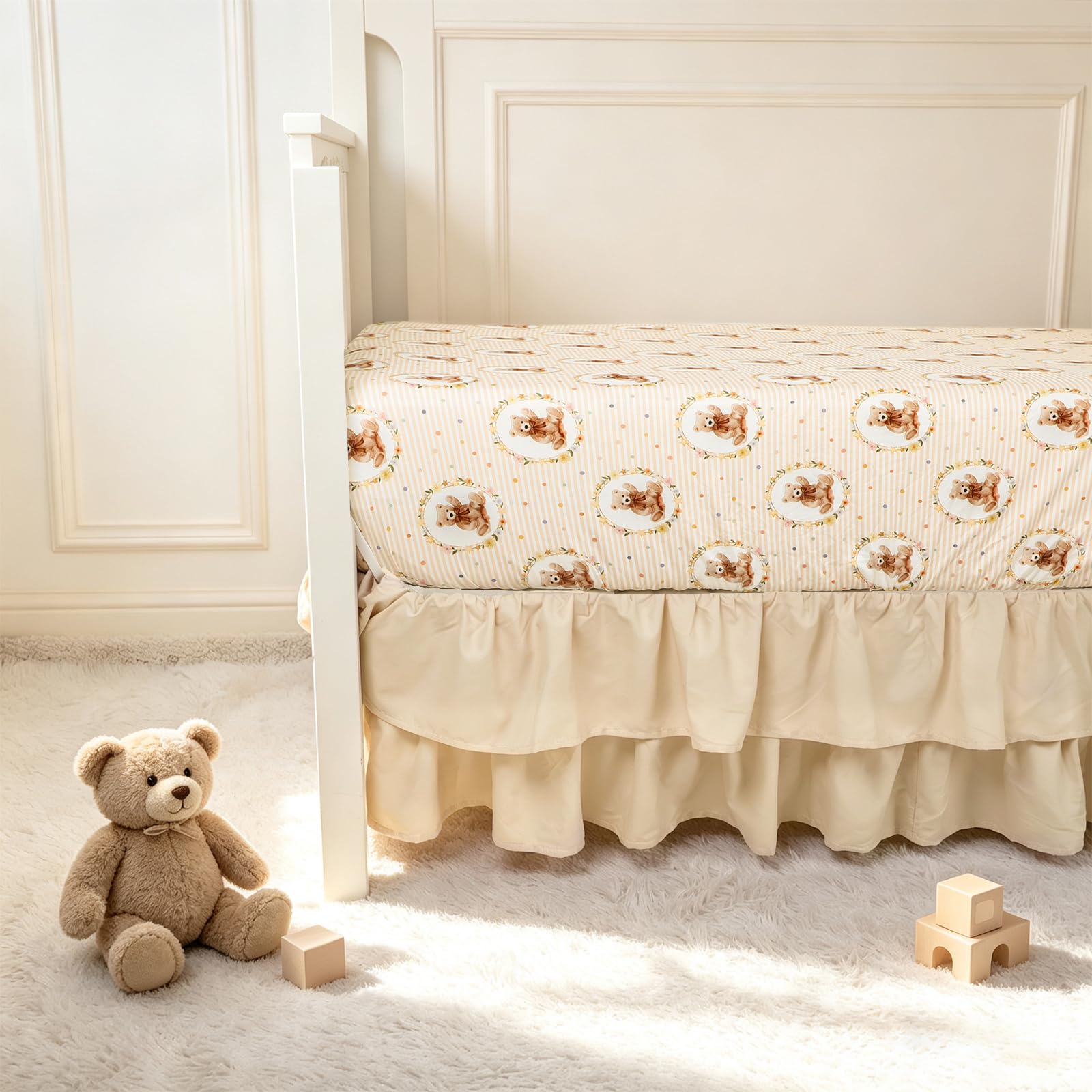 Hooyax Baby Bear Crib Bedding Set for Boys–4Pcs Soft Baby Bedding Set, Includes Crib Skirt, Fitted Sheet, Comforter & Diaper Stacker