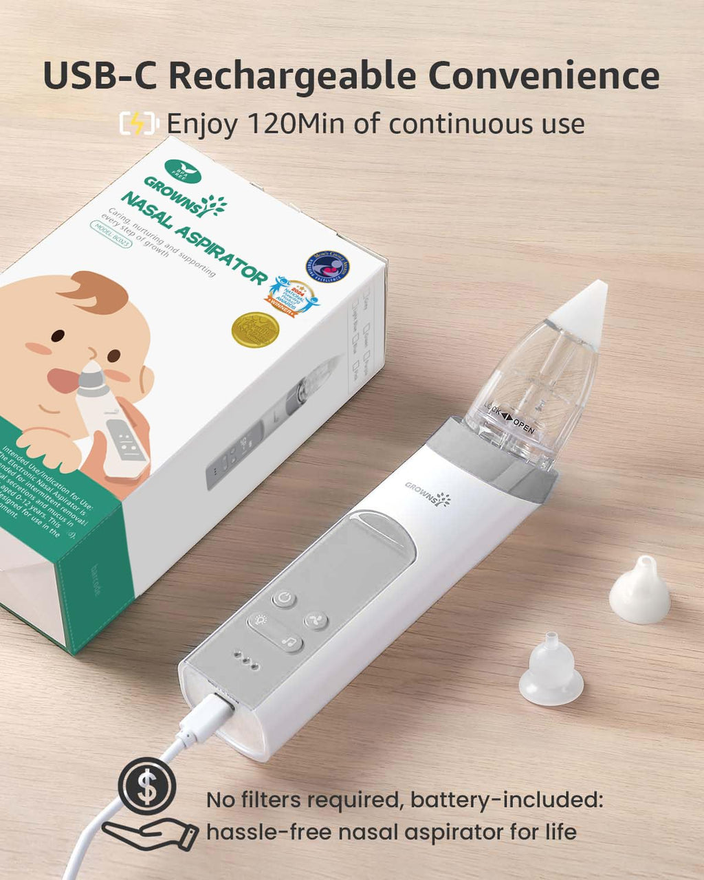GROWNSY Baby Nasal Aspirator, Electric Nose Sucker, Powerful Suction,Grey