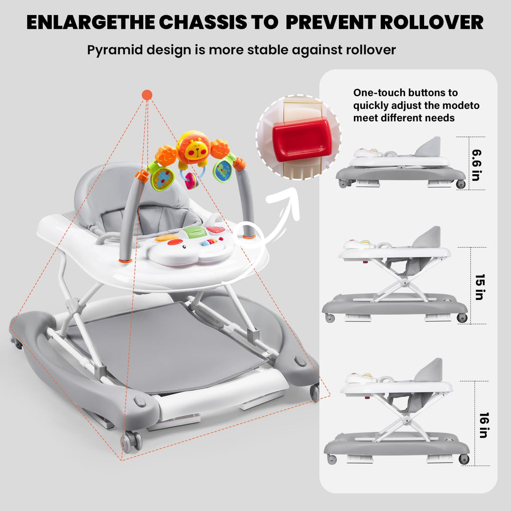 Boyro Baby Baby Walker, 5-in-1 Baby Walkers for Boys and Girls 6-12 Months with Bouncer, Removable Footrest, Feeding Tray & Music, Foldable & Adjustable Activity Walker for 6-18 Months Toddler Infant