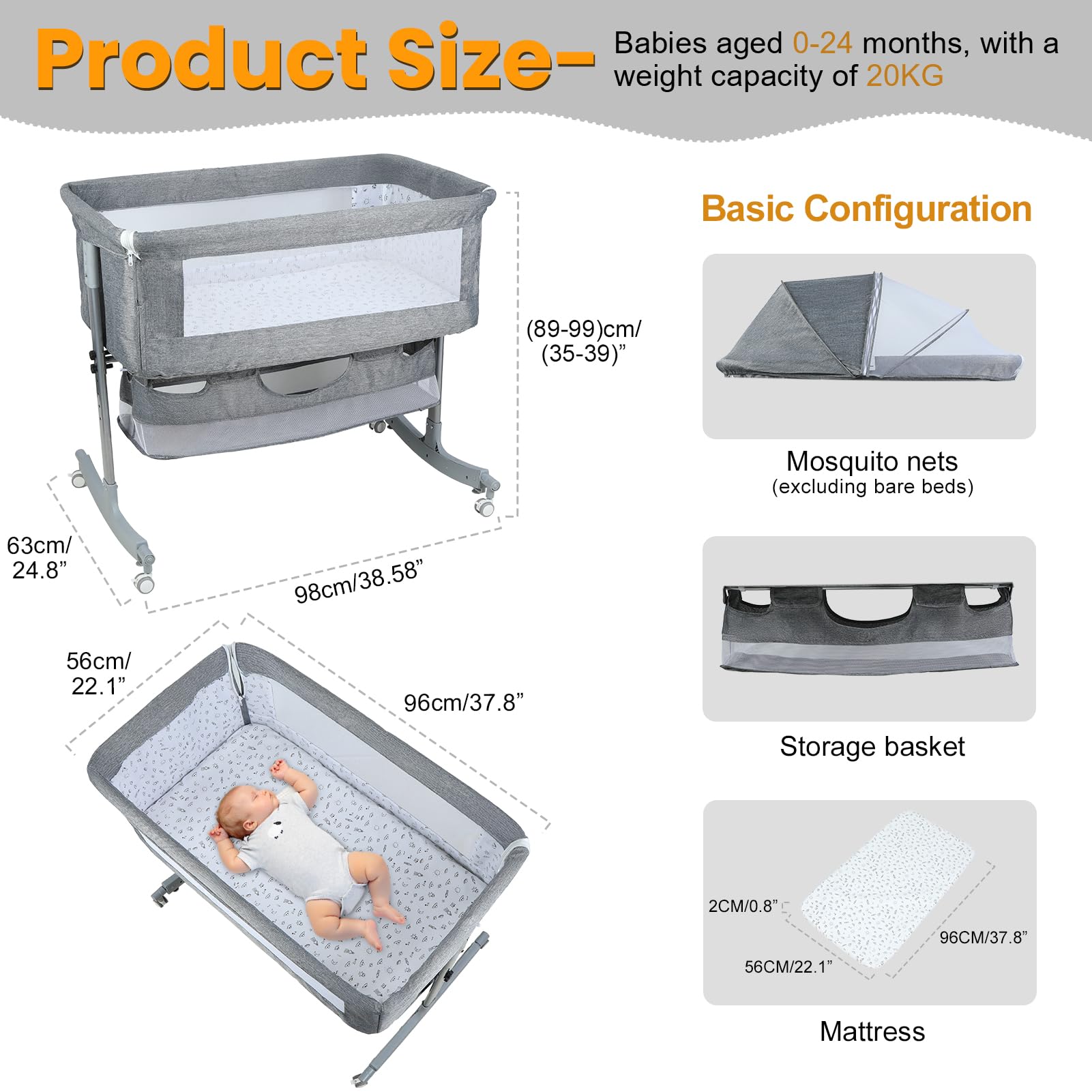 3 in 1 Baby Bassinet Bedside Sleeper, Adjustable Portable Crib with Wheels