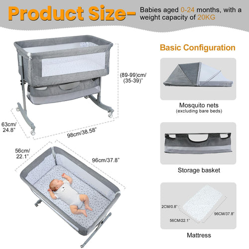 3 in 1 Baby Bassinet Bedside Sleeper, Adjustable Portable Crib with Wheels