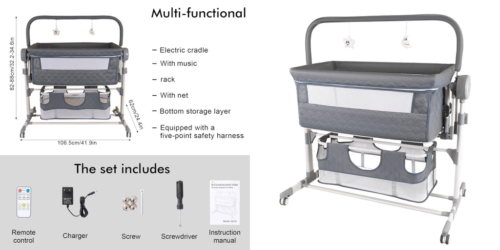 Suttonbebe Electric Bluetooth Smart Baby Bedside Crib, Foldable Infant Bedside Cot, Convertible Baby Bassinet Crib with Remote Control, Music, 5 Swaying Gears (608 Gray)