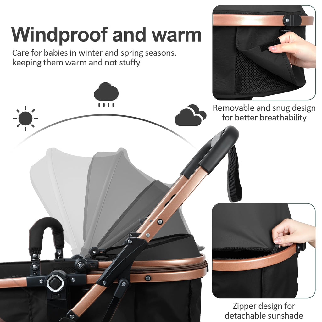Baby Stroller, 2 in 1 Convertible Bassinet Mode Newborn to Toddler | Reversible Seat UPF Canopy, Shock Absorption Infant Stroller with Five-Point Harness, for Daily Strolls Travel Shopping (Black)