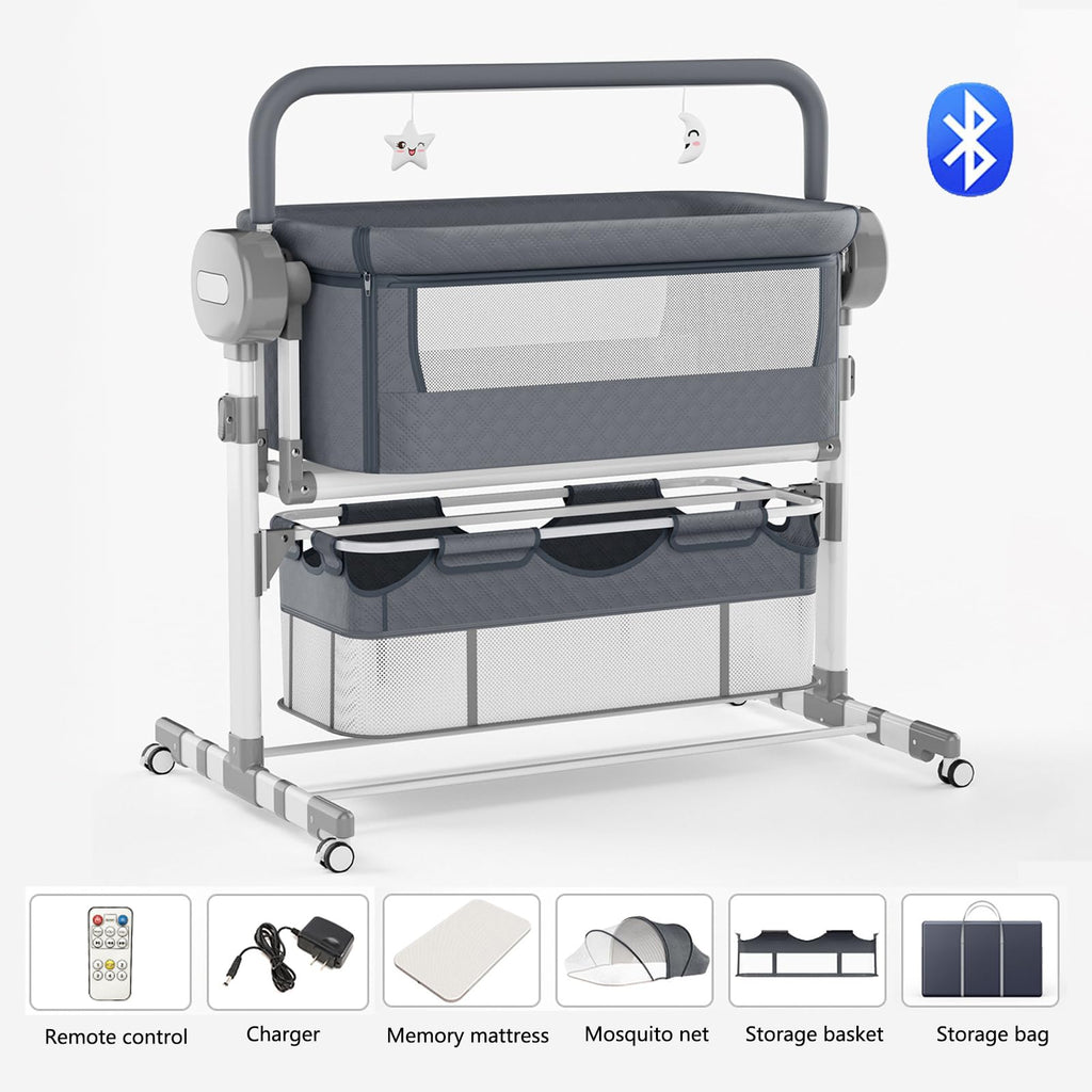 Suttonbebe Electric Bluetooth Smart Baby Bedside Crib, Foldable Infant Bedside Cot, Convertible Baby Bassinet Crib with Remote Control, Music, 5 Swaying Gears (608 Gray)