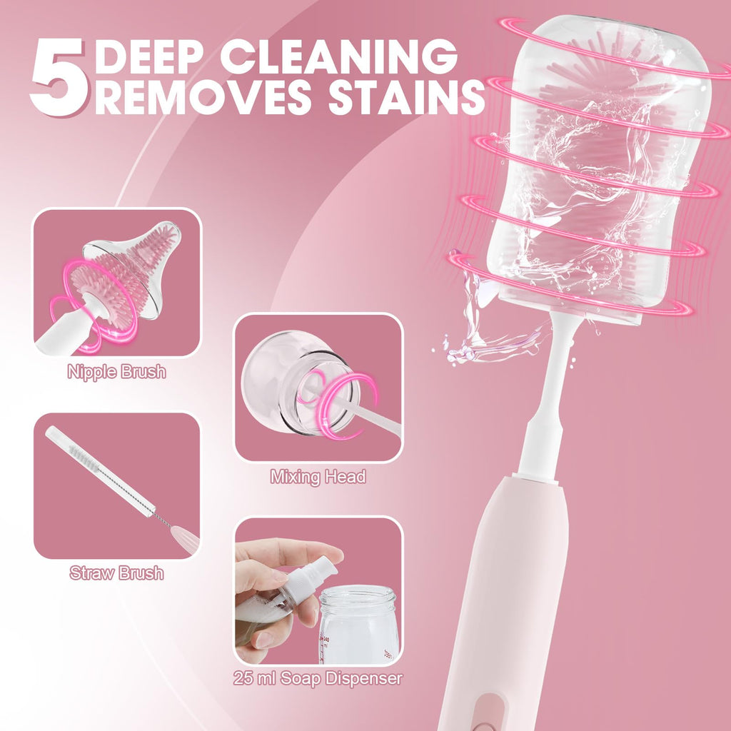 Electric Bottle Brush Cleaner,Electric Baby Bottle Brush Cleaner with Silicone Nipple&Straw Brush,Soap Dispenser,Drying Rack-Waterproof,Long Battery Life,Travel Bottle Cleaner Kit for Babies